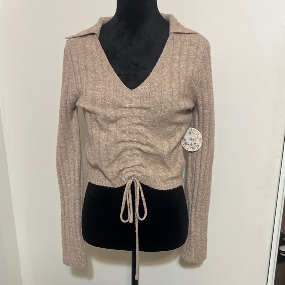 Beige Knit V-Neck Sweater with Drawstring